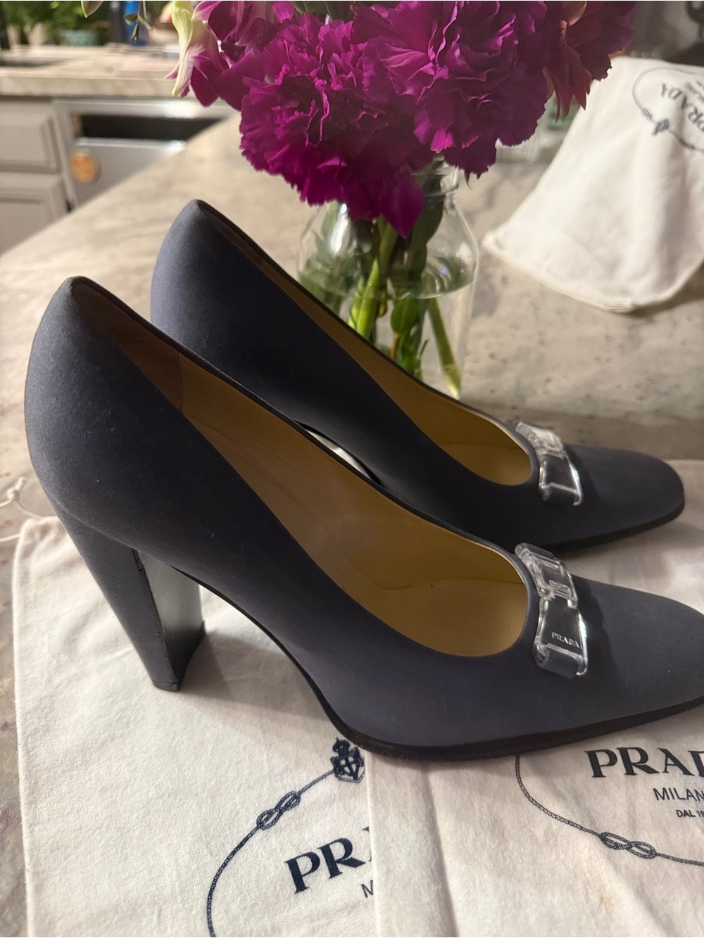 Prada Slate Po de Soie Satin Block-Heel Pumps